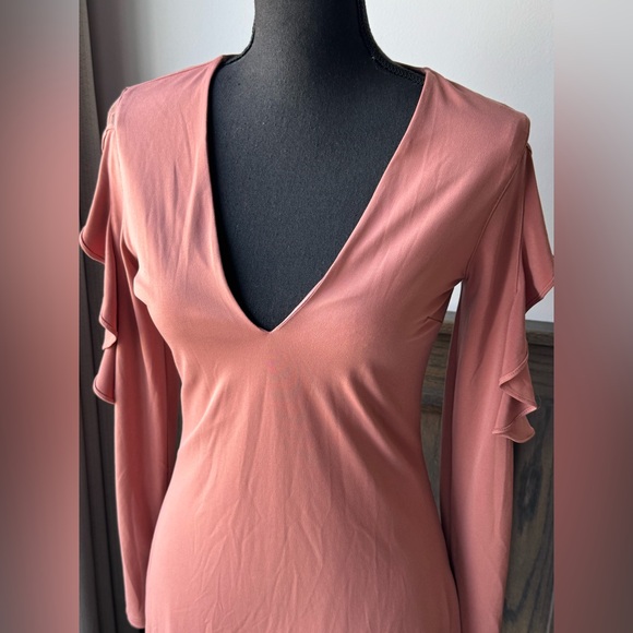 Express Long  ruffle Sleeve Dusty Rose v neck bodycon Dress small - Picture 2 of 8